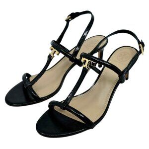 TORY BURCH~T-Logo~BLACK PATENT SAFFIANO HEELED STRAPPY SHOES 7.5M